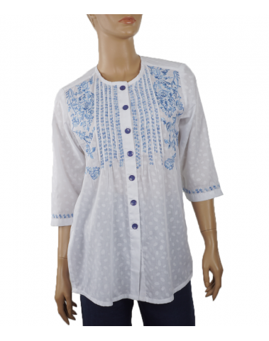 Embroidered Casual  Kurti- Blue and White Pleated