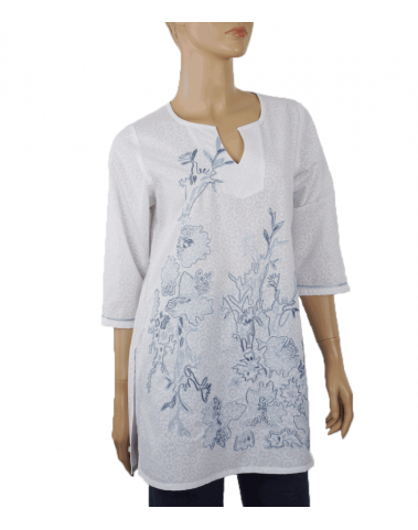 Embroidered Casual Kurti - Blue and White Nature