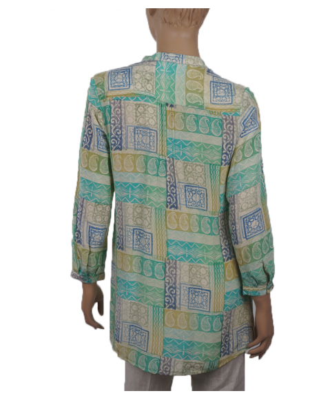  Long Silk Shirt - Green & Blue Block Print