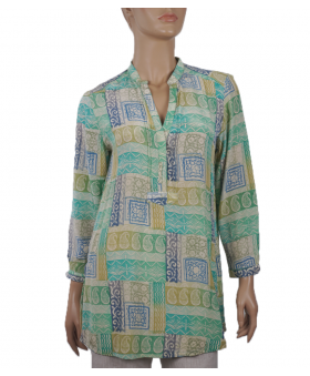  Long Silk Shirt - Green & Blue Block Print