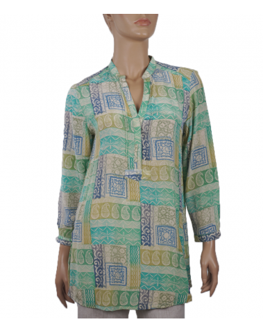  Long Silk Shirt - Green & Blue Block Print