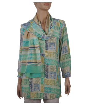  Long Silk Shirt - Green & Blue Block Print