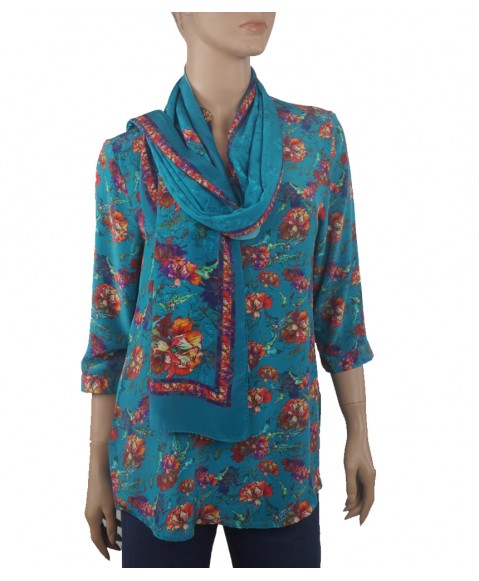  Short Silk Shirt - Turquoise japanese Flower