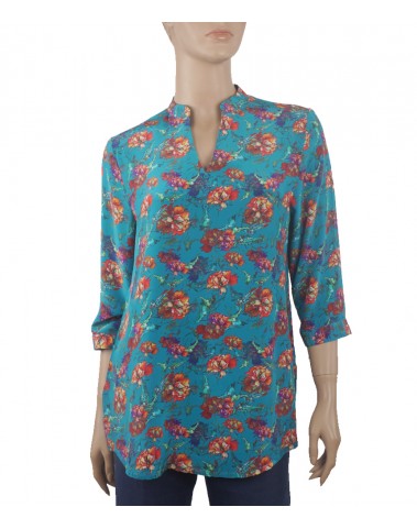  Short Silk Shirt - Turquoise japanese Flower