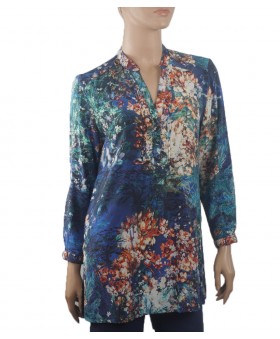  Long Silk Shirt - Blue Summer Floral