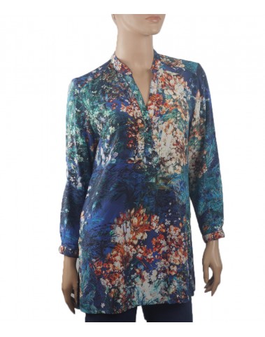  Long Silk Shirt - Blue Summer Floral