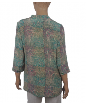  Short Silk Shirt - Green & lilac block Print