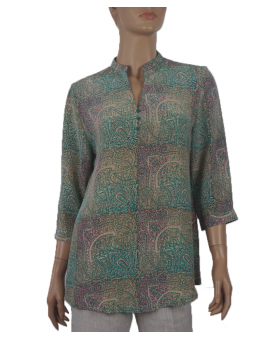  Short Silk Shirt - Green & lilac block Print