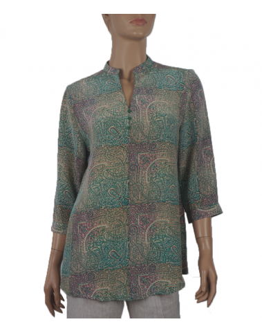  Short Silk Shirt - Green & lilac block Print