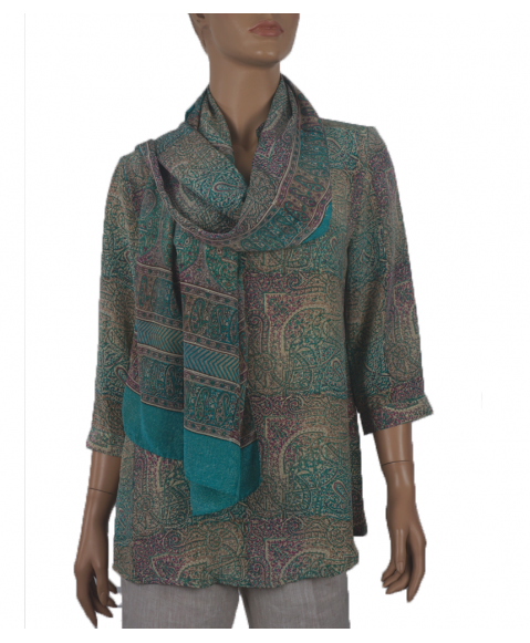  Short Silk Shirt - Green & lilac block Print