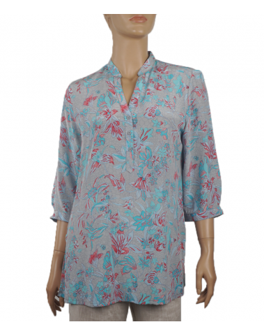  Short Silk Shirt - Grey & Red floral