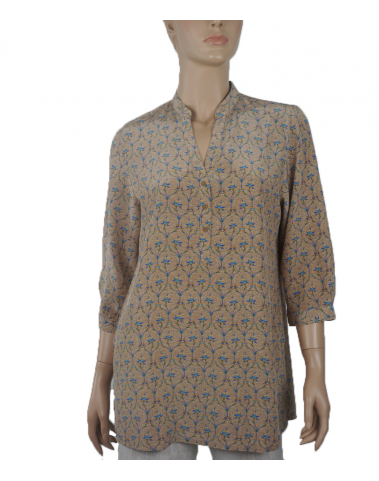  Short Silk Shirt- Beige and Blue Vella