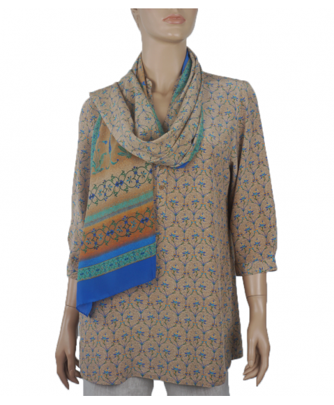  Short Silk Shirt- Beige and Blue Vella