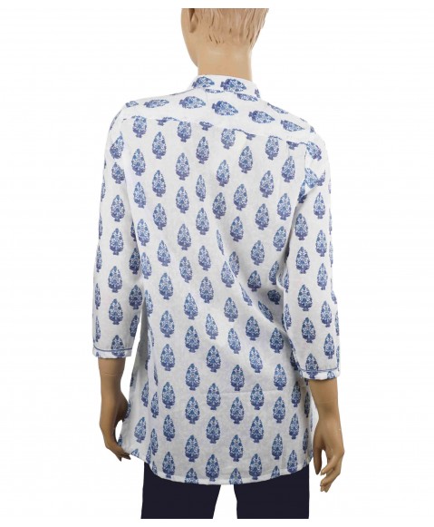Embroidered Casual Kurti - White and Blue Batik Embroidered Casual Kurti - White and Blue Batik