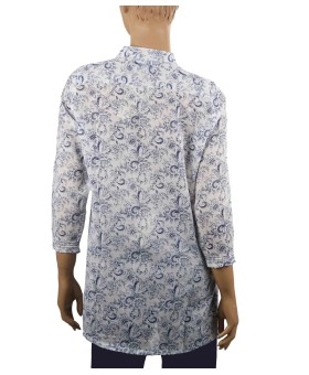 Casual Kurti - White and Blue Floral Pintuck