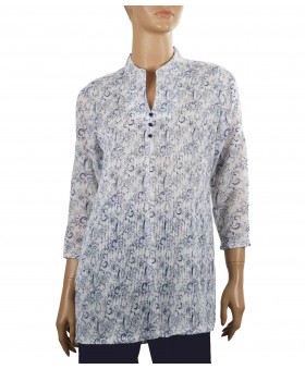 Casual Kurti - White and Blue Floral Pintuck