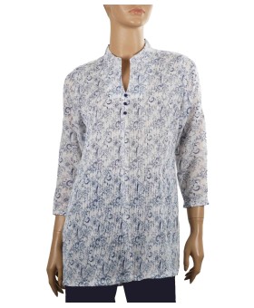 Casual Kurti - White and Blue Floral Pintuck