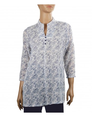 Casual Kurti - White and Blue Floral Pintuck