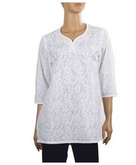 Embroidered Casual Kurti - White and Grey Butterflies