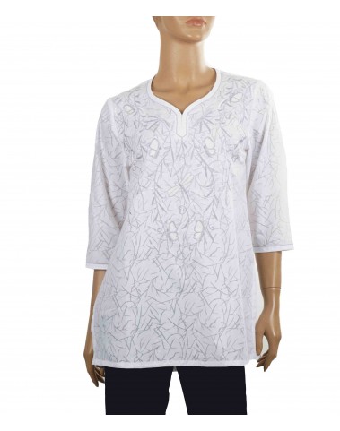 Embroidered Casual Kurti - White and Grey Butterflies