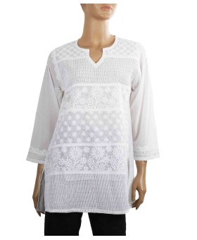 Embroidered Casual Kurti - White Floral Embroidery