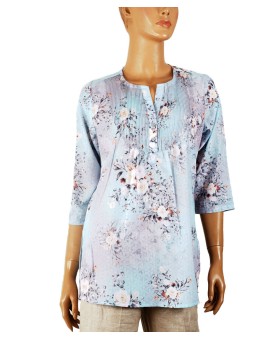 Casual Kurti - Sky Blue Base With Grey Floral