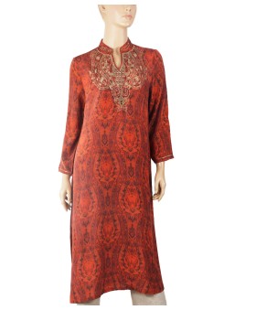 Long Embroidered Silk Kurti - Maroon Embroidery