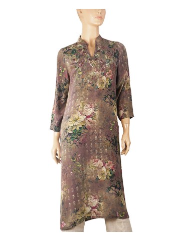 Long Embroidered Silk Kurti - Dusty Purple Floral 