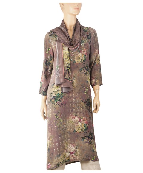 Long Embroidered Silk Kurti - Dusty Purple Floral 