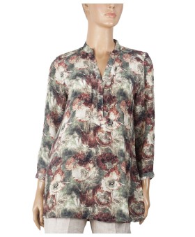 Long Silk Shirt - Olive Green With Brown Floral 