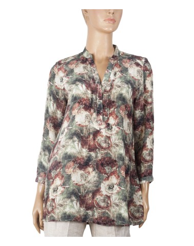 Long Silk Shirt - Olive Green With Brown Floral 