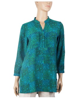 Long Silk Shirt - Blue And Green Floral 