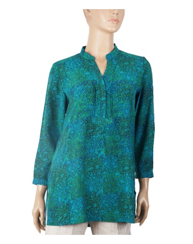 Long Silk Shirt - Blue And Green Floral 