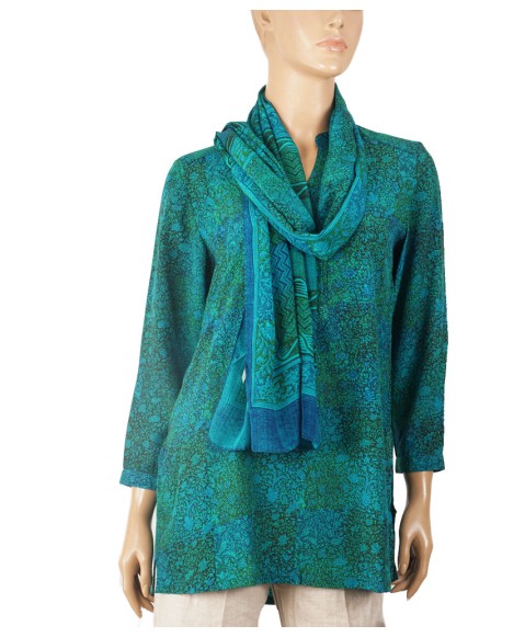 Long Silk Shirt - Blue And Green Floral 