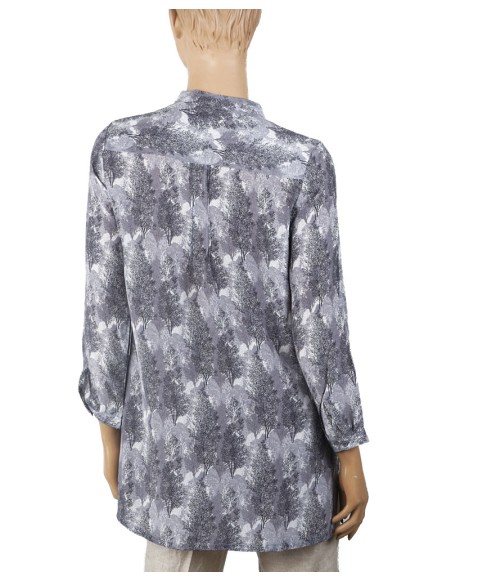 Long Silk Shirt - Black And White Tree Prints