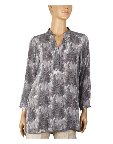 Long Silk Shirt - Black And White Tree Prints