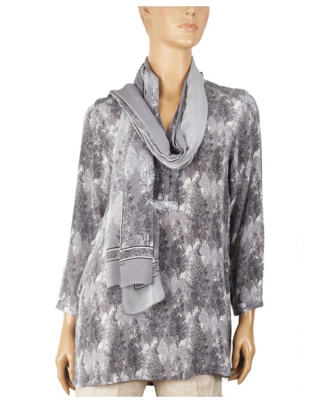 Long Silk Shirt - Black And White Tree Prints