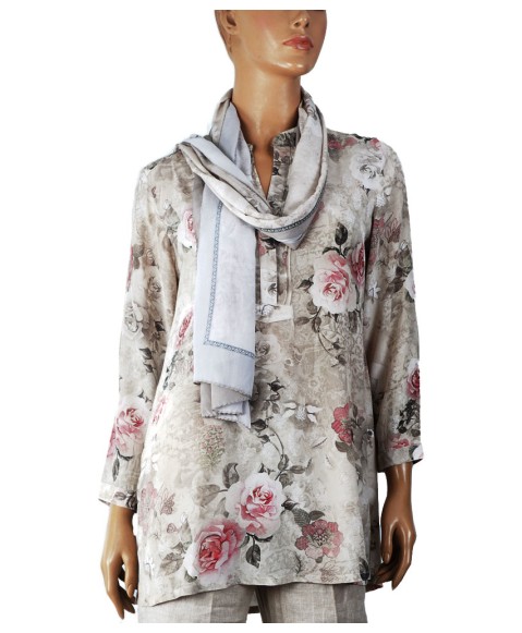 Long Silk Shirt - Pink Roses