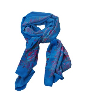 Crepe Silk Scarf - Shocking Blue With Pink Paisley