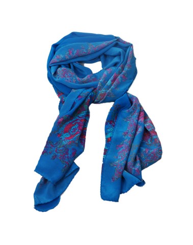 Crepe Silk Scarf - Shocking Blue With Pink Paisley