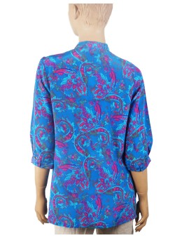 Short Silk Shirt - Shocking Blue With Pink Paisley