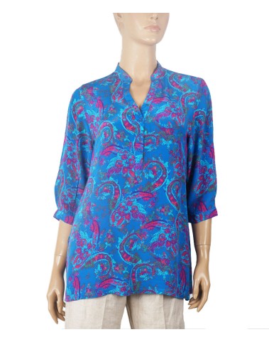 Short Silk Shirt - Shocking Blue With Pink Paisley