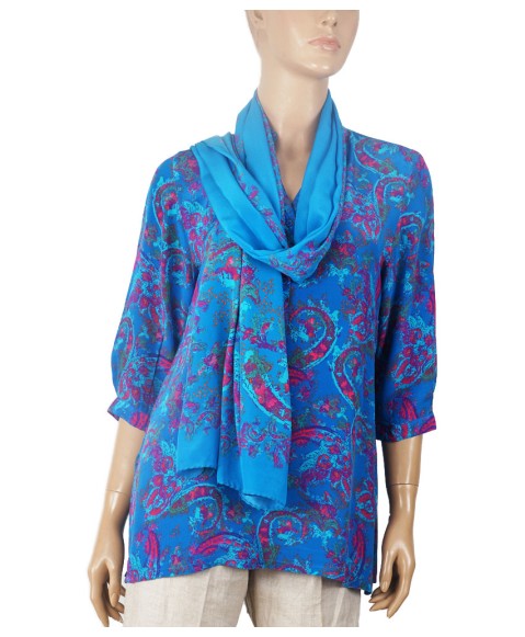 Short Silk Shirt - Shocking Blue With Pink Paisley