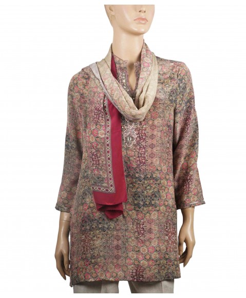 Antique Silk Kurti - Pink And Beige Abstract