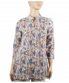Casual Kurti - Blue Floral On Beige Pintuck