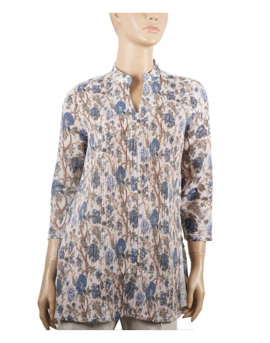 Casual Kurti - Blue Floral On Beige Pintuck