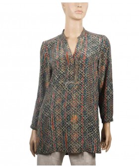 Long Silk Shirt - Olive Green Abstract