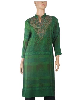 Long Embroidered Silk Kurti - Green Embroidery