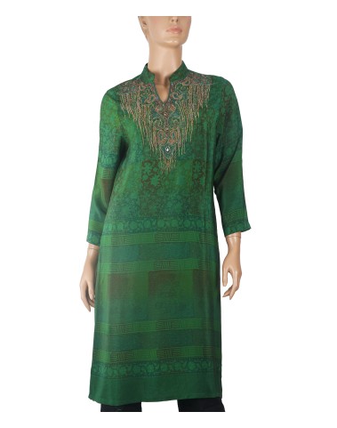 Long Embroidered Silk Kurti - Green Embroidery