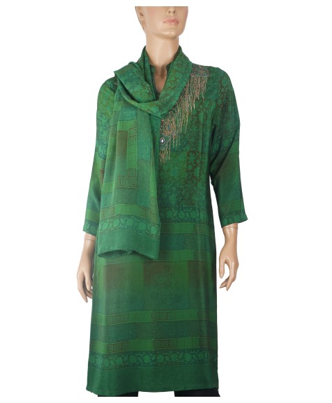 Long Embroidered Silk Kurti - Green Embroidery